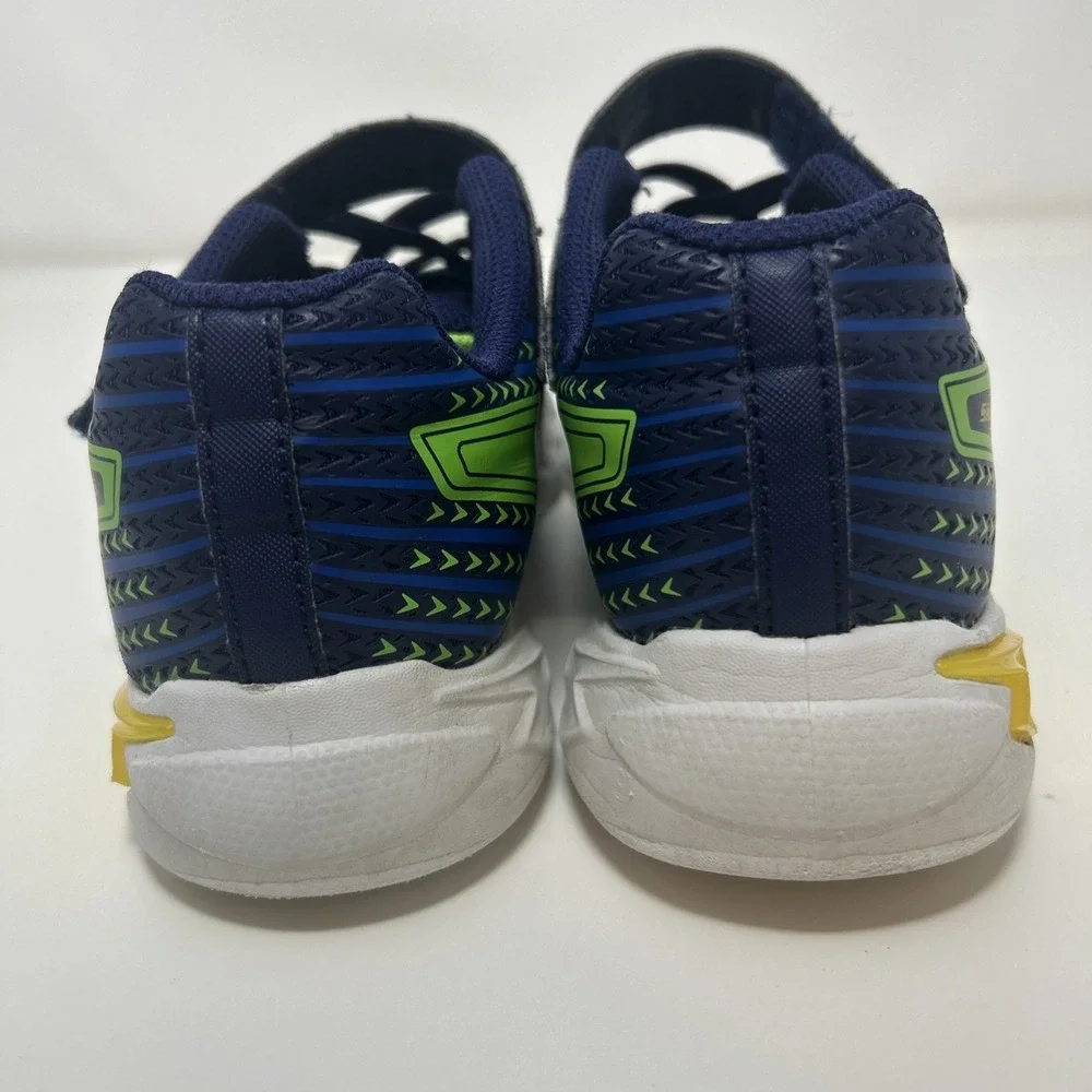 Skechers S-Lights: Boys Flex-Glow‎ Bolt Sneakers Size 2, Navy/Green/Yellow